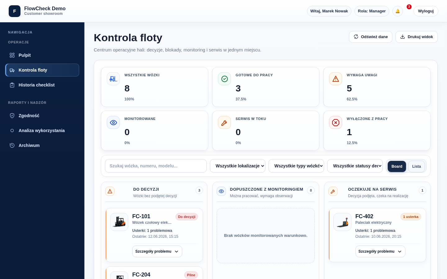 Kontrola floty FlowCheck z decyzjami koordynatora dla wózków FC