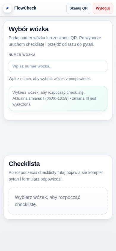 Mobilny widok operatora FlowCheck z wyborem wózka i checklistą